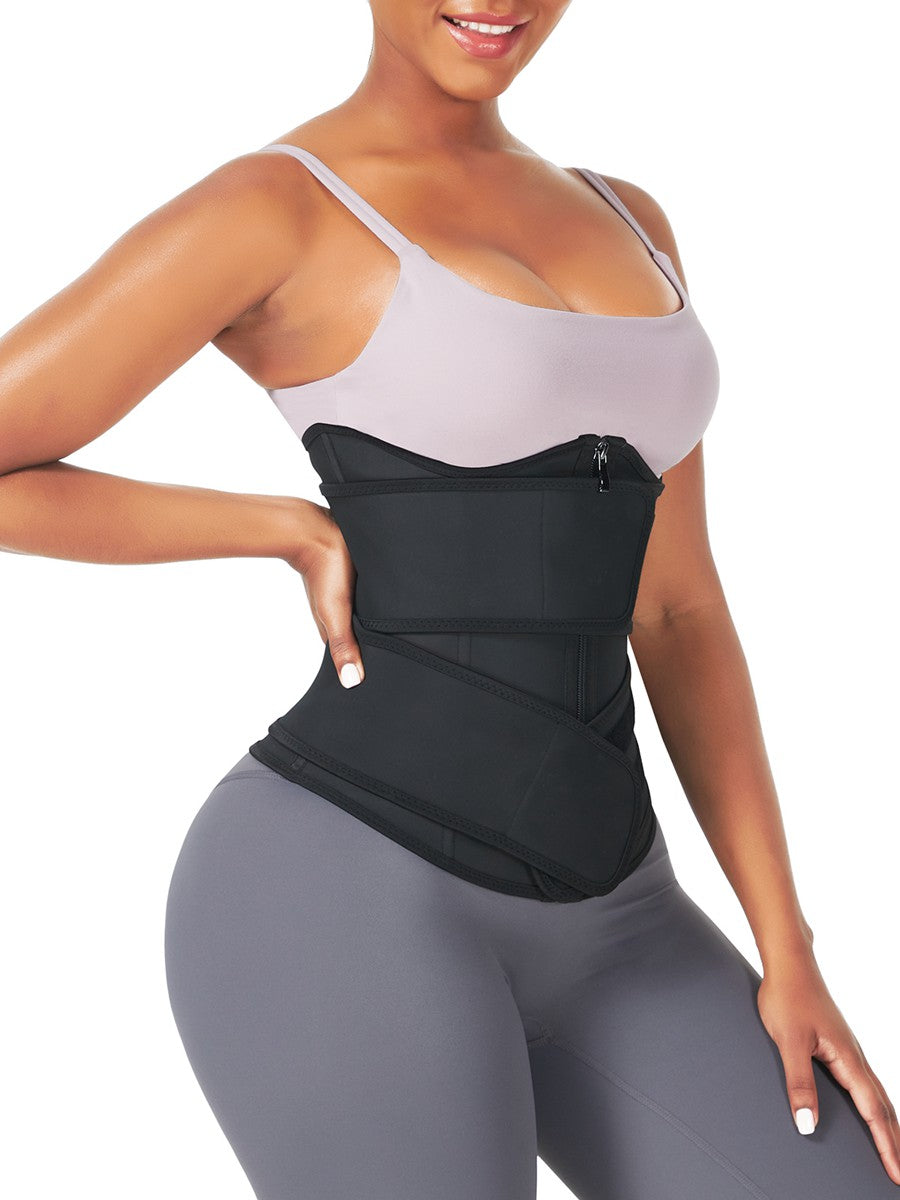 Black Under Bust Latex Waist Trainer Double Belt Tummy Control